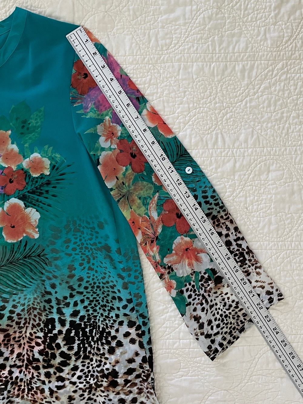 Soft Surroundings Teal Tropical Floral Cheetah Print Sheer Tunic Top Blouse Sz L - Picture 13 of 15